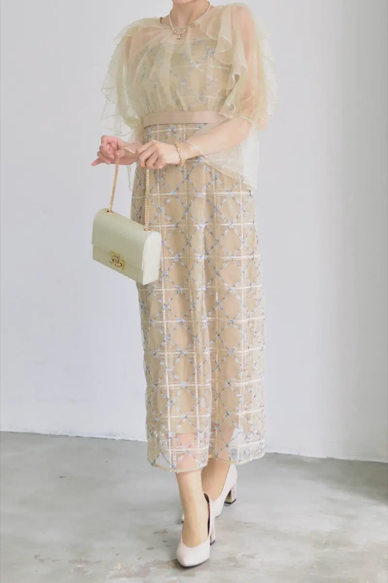 ベージュのボレロ付きチェックレースドレス | Dorry doll | M | 結婚式