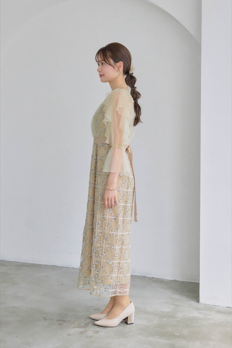 ベージュのボレロ付きチェックレースドレス | Dorry doll | M | 結婚式