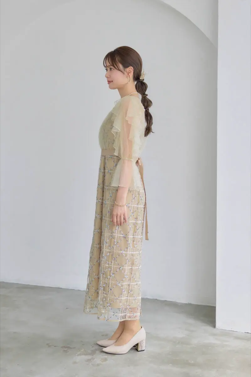 ベージュのボレロ付きチェックレースドレス | Dorry doll | M