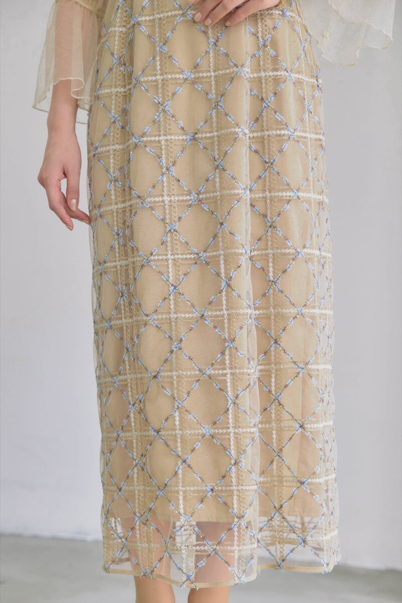 ベージュのボレロ付きチェックレースドレスの商品画像7