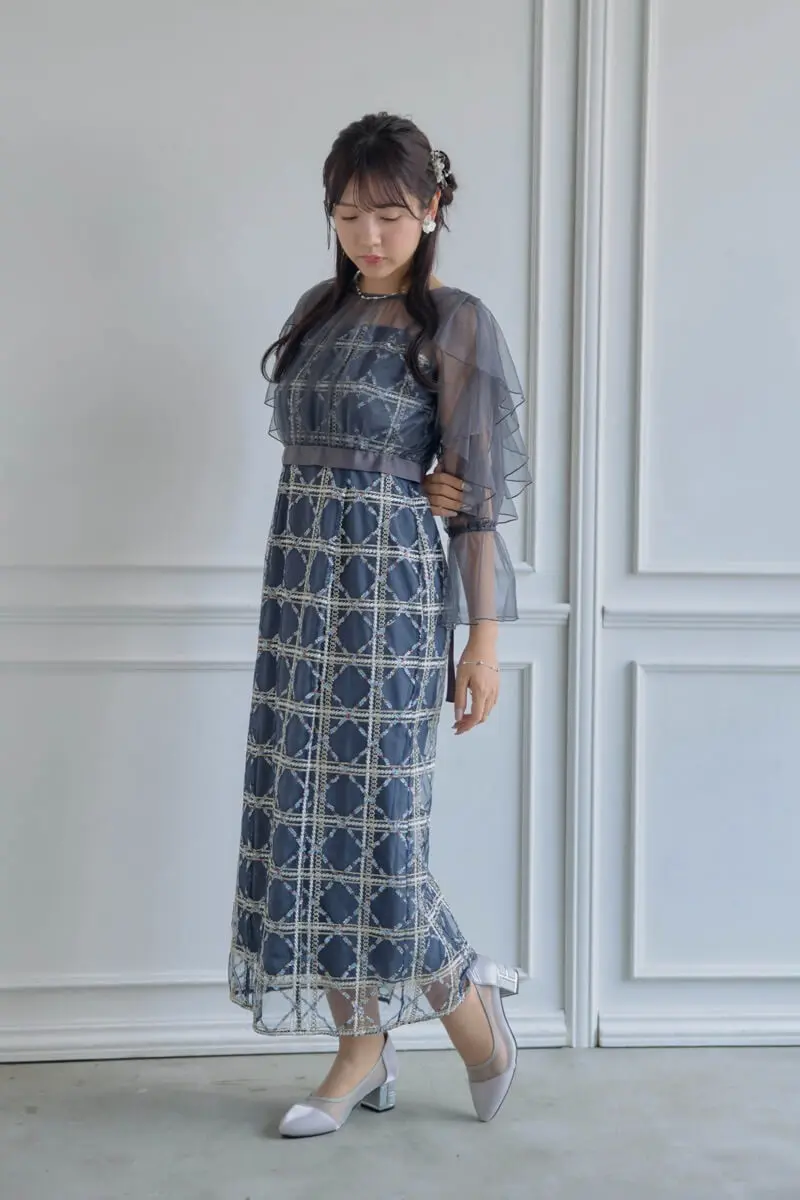 ネイビーのボレロ付きチェックレースドレス | Dorry doll | M