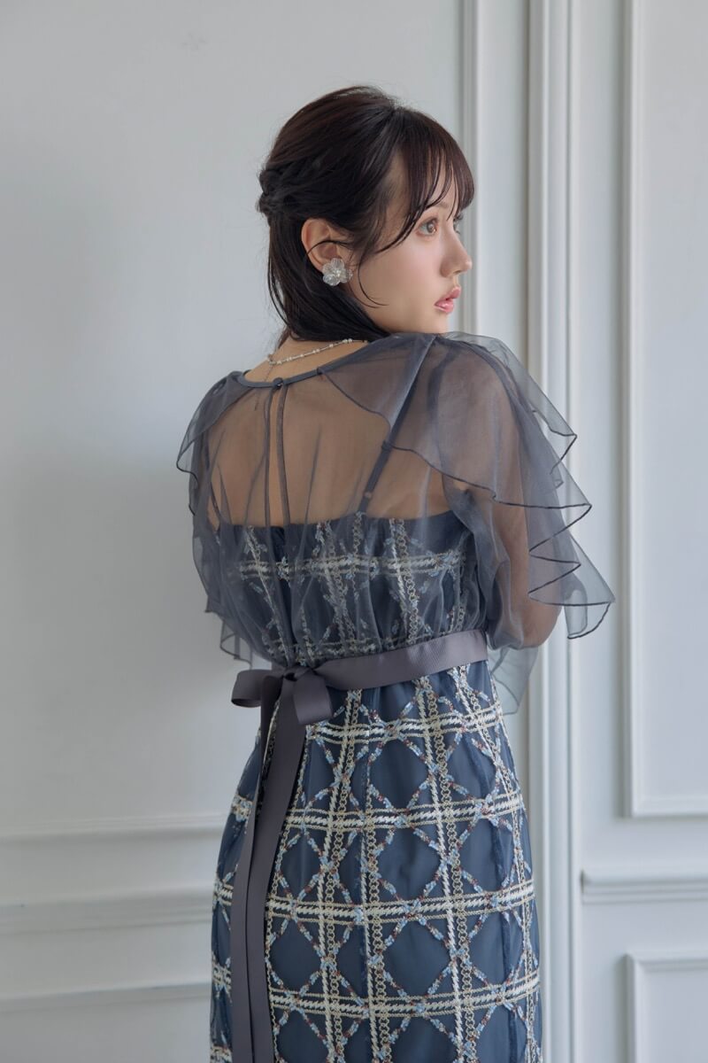 ネイビーのボレロ付きチェックレースドレスの商品画像11