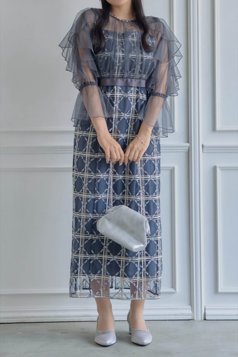 ネイビーのボレロ付きチェックレースドレスの商品画像12