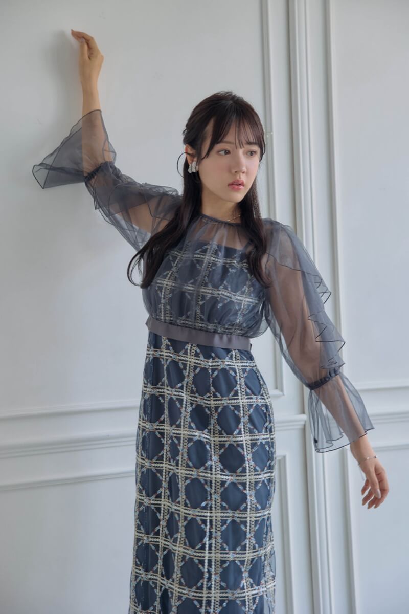 ネイビーのボレロ付きチェックレースドレスの商品画像13