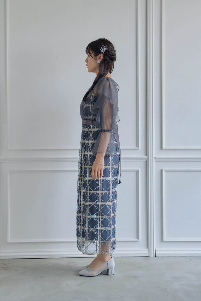 ネイビーのボレロ付きチェックレースドレスの商品画像3