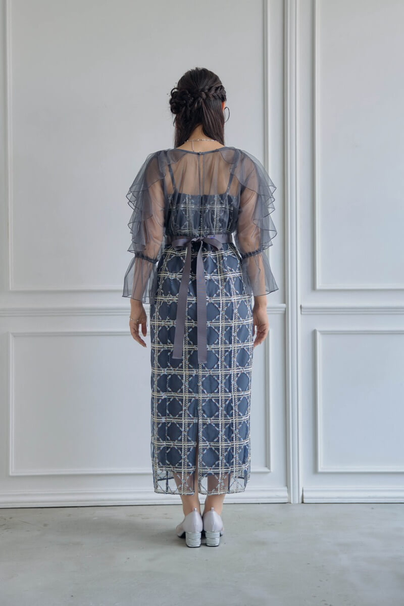 ネイビーのボレロ付きチェックレースドレスの商品画像4