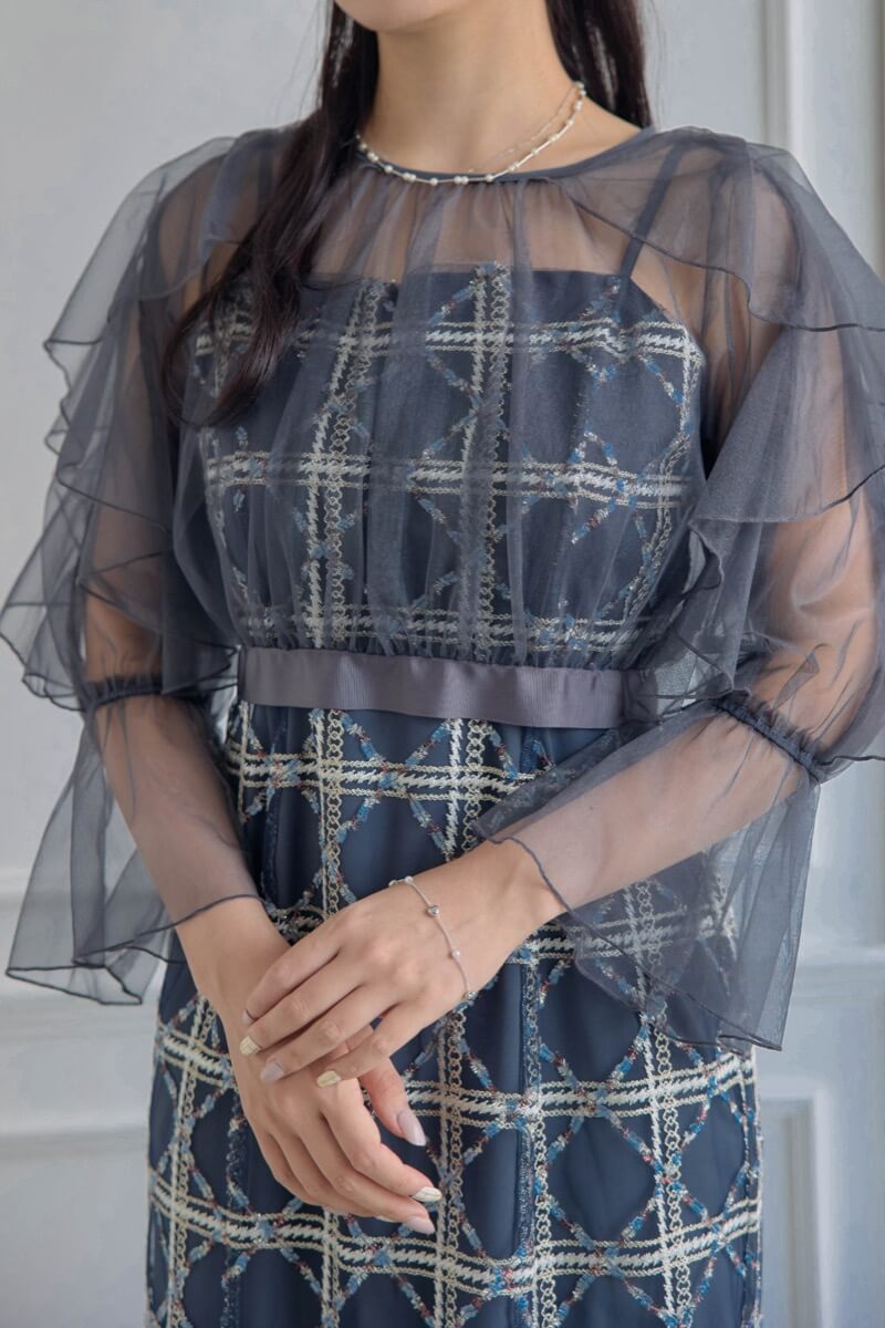 ネイビーのボレロ付きチェックレースドレスの商品画像5