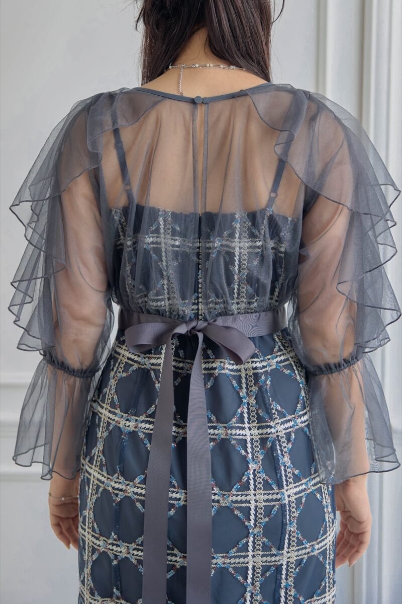 ネイビーのボレロ付きチェックレースドレスの商品画像6