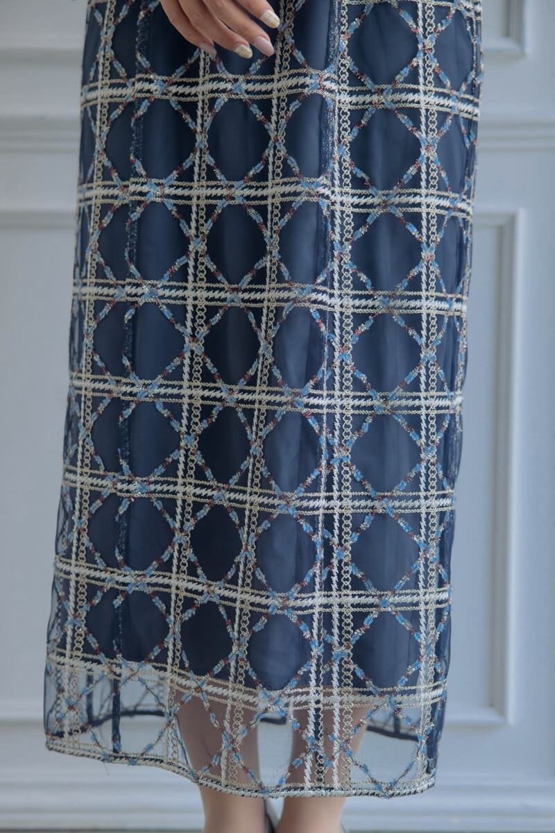 ネイビーのボレロ付きチェックレースドレスの商品画像7