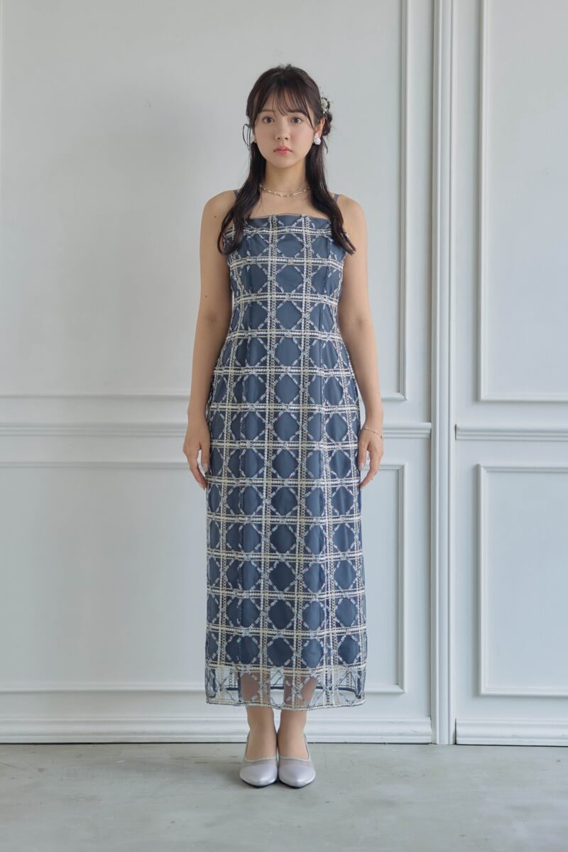 ネイビーのボレロ付きチェックレースドレスの商品画像8