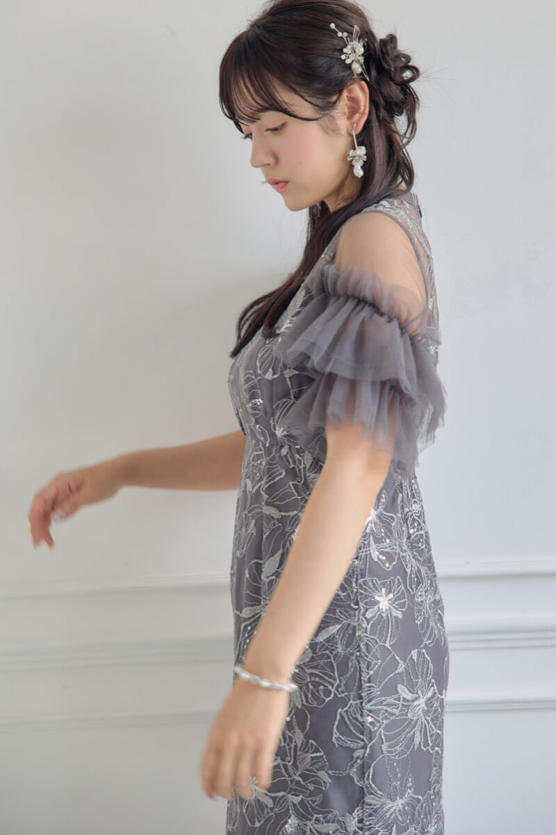 チャコールのスパンコール刺繍レースドレス | ANDRESD | M | 結婚式