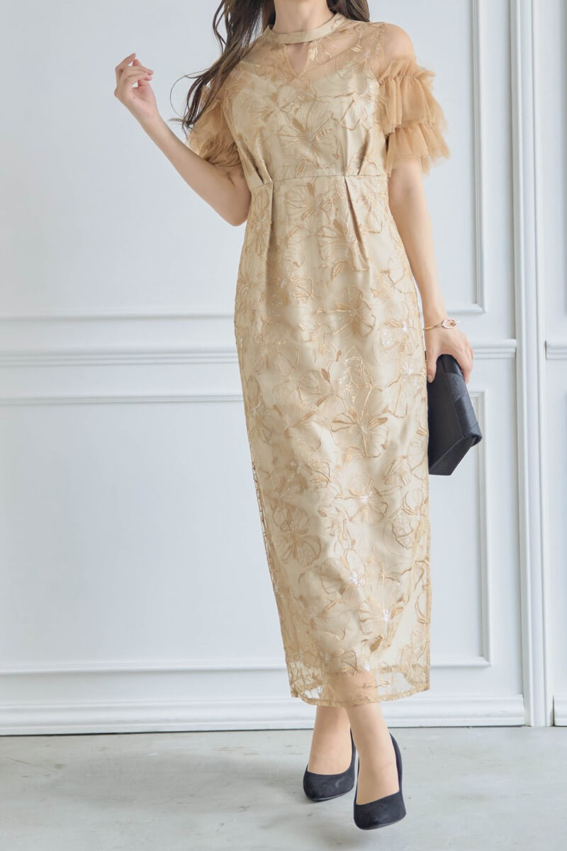 イエローのスパンコール刺繍レースドレスの商品画像11