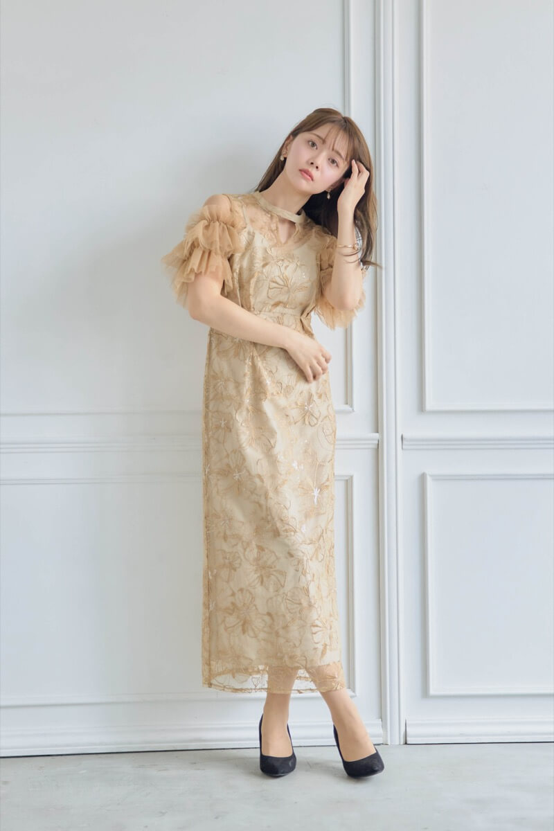 イエローのスパンコール刺繍レースドレスの商品画像8