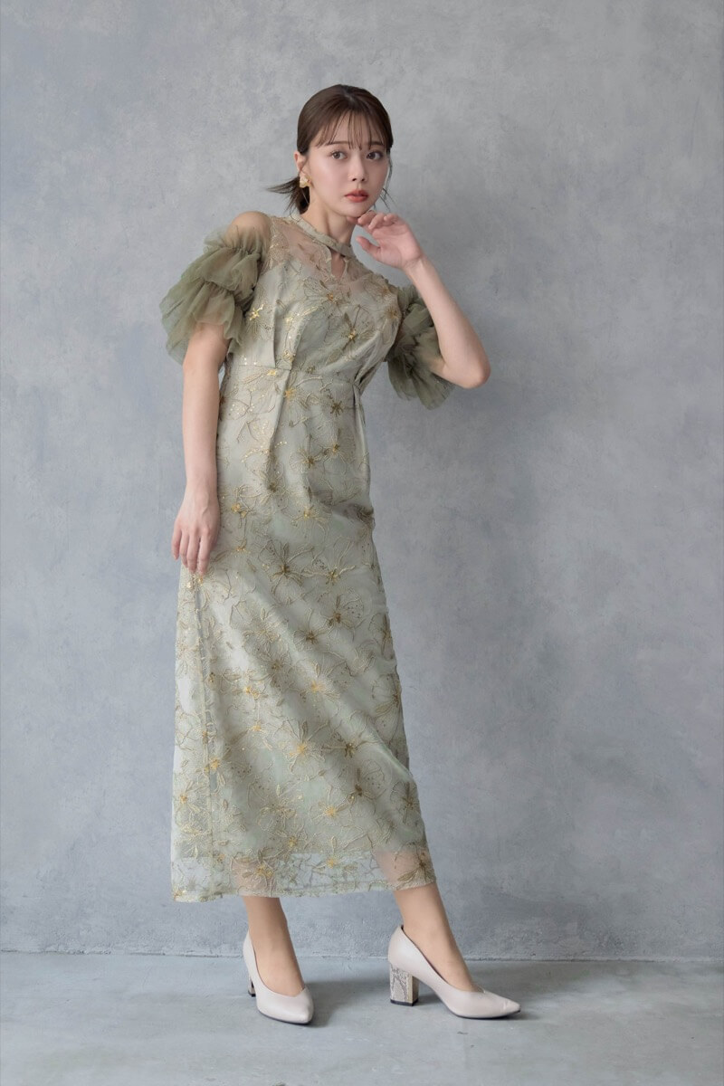 ライトグリーンのスパンコール刺繍レースドレスの商品画像10