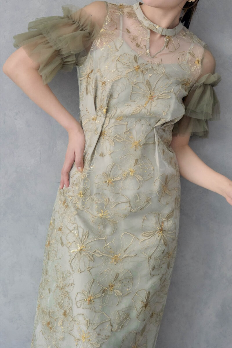 ライトグリーンのスパンコール刺繍レースドレスの商品画像11