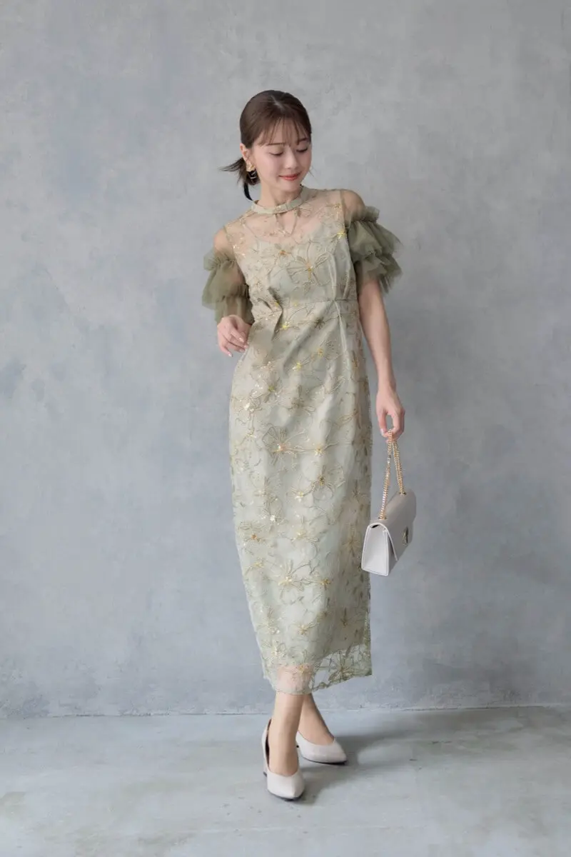 ANDRESD袖シフォン スパンコール・刺繍 レースロングドレス Sサイズ チャコールのスパンコール刺繍レースドレス | ANDRESD | L
