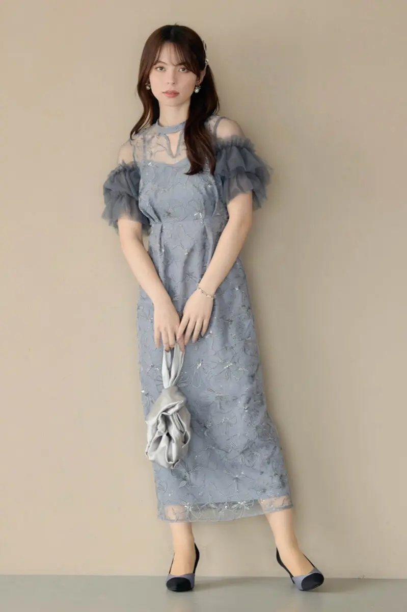 ブルーグレーのスパンコール刺繍レースドレス | ANDRESD | L | 結婚式