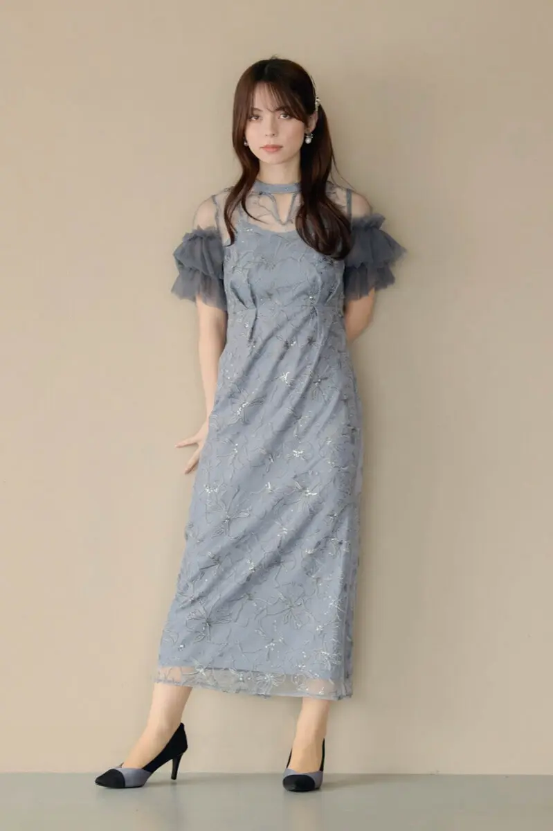 ブルーグレーのスパンコール刺繍レースドレス | ANDRESD | L | 結婚式
