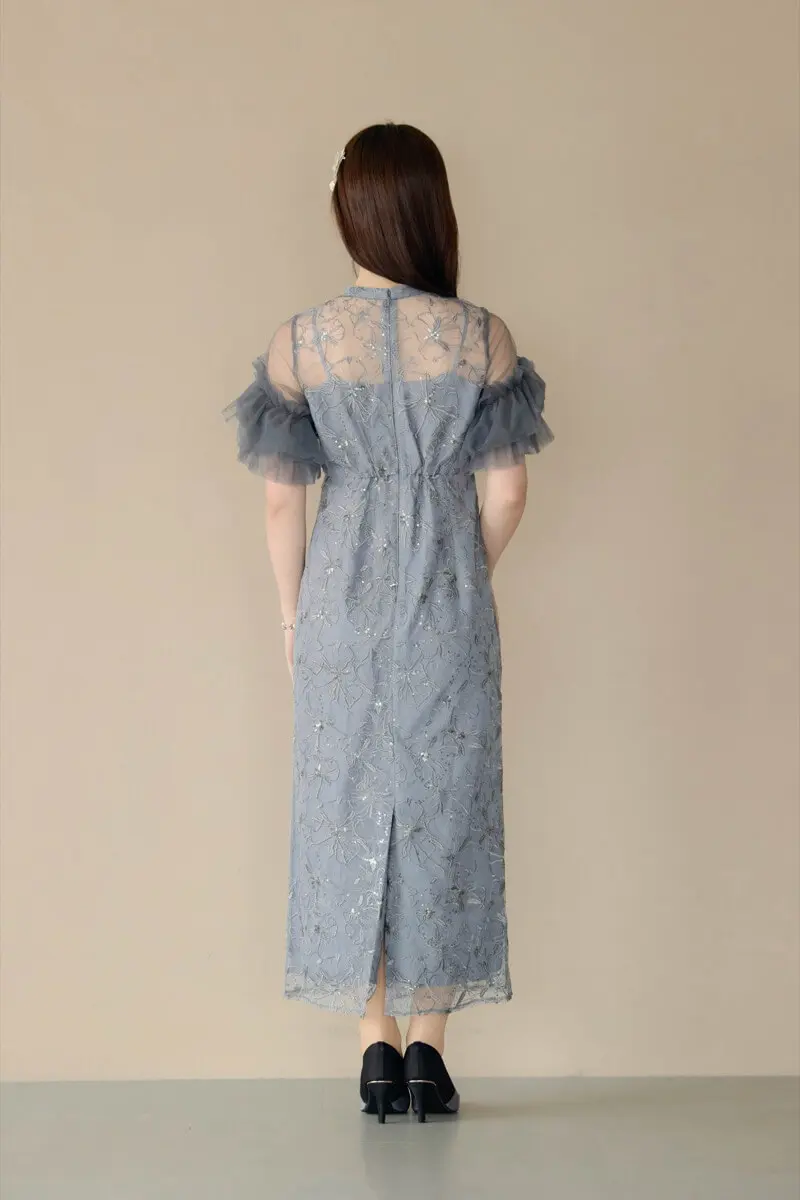 ブルーグレーのスパンコール刺繍レースドレス | ANDRESD | L | 結婚式