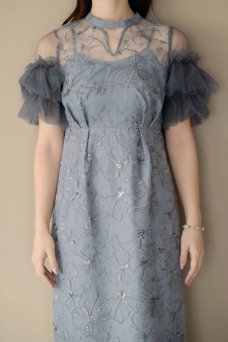 ブルーグレーのスパンコール刺繍レースドレスの商品画像5
