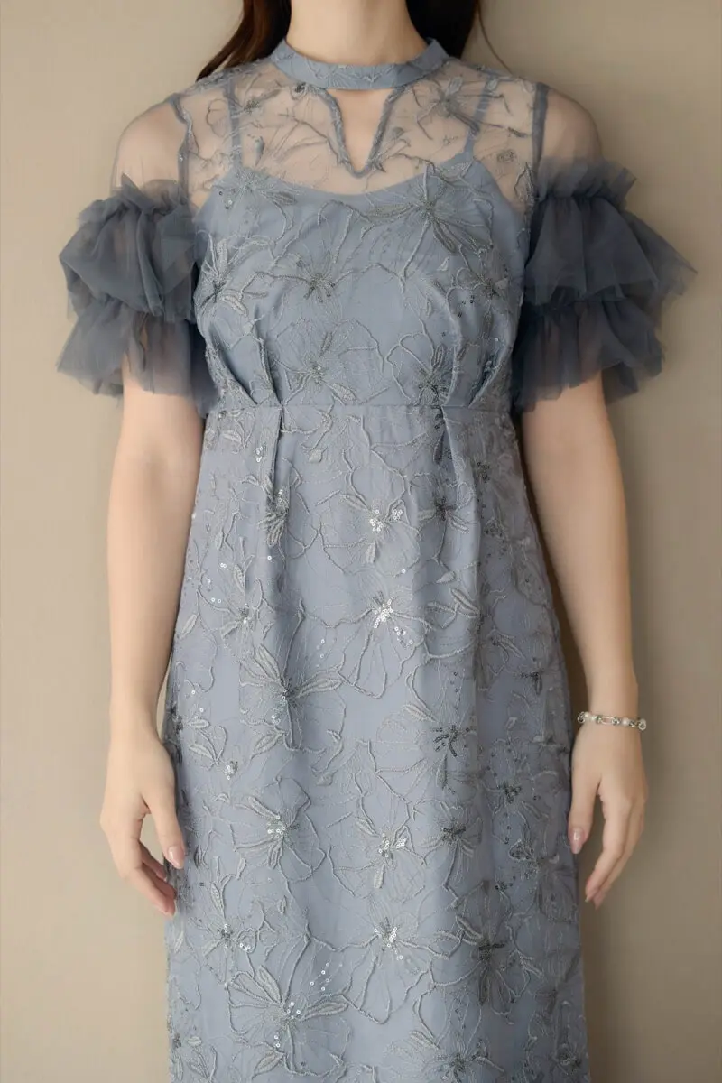 ブルーグレーのスパンコール刺繍レースドレス | ANDRESD | L | 結婚式