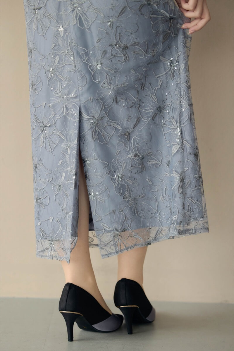ブルーグレーのスパンコール刺繍レースドレスの商品画像7