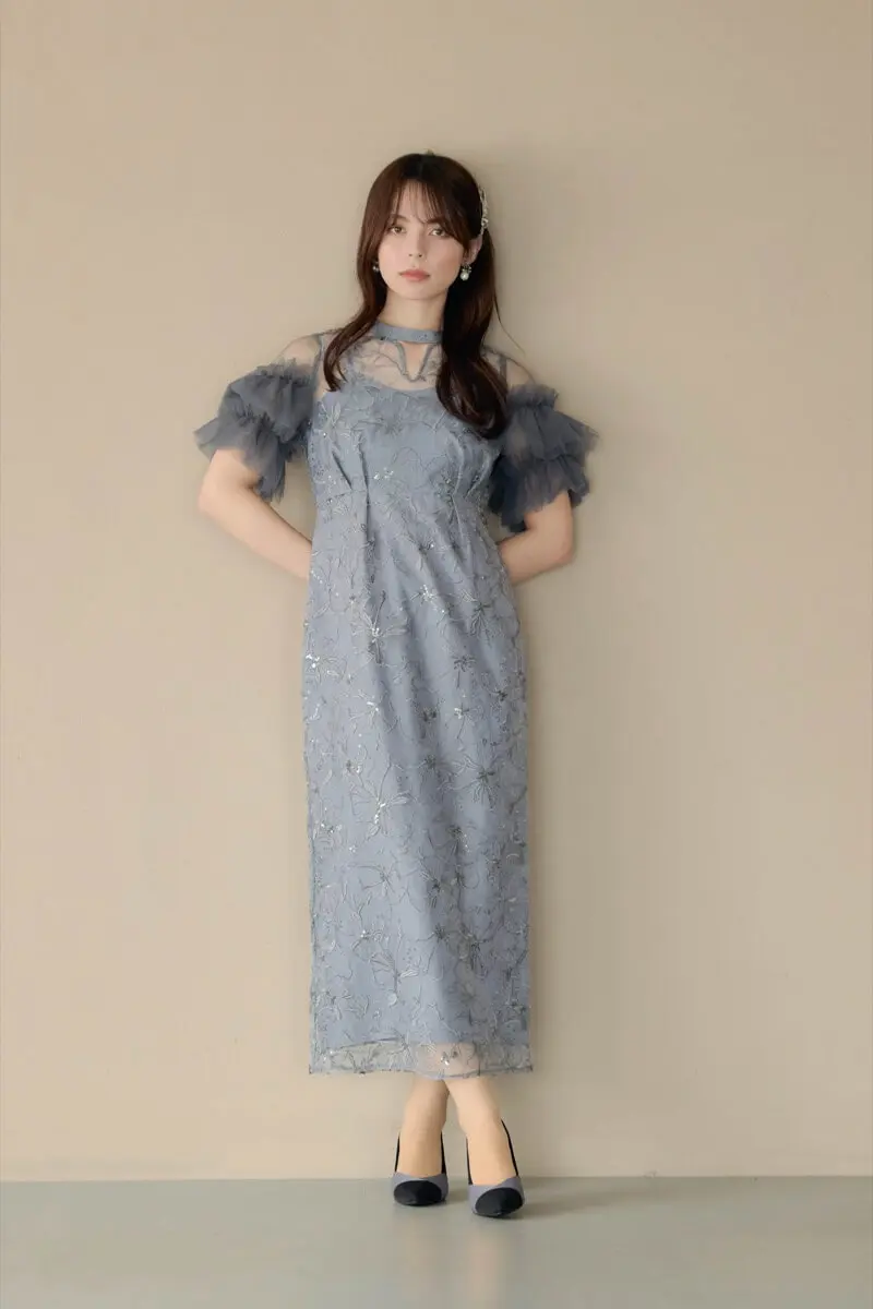 ブルーグレーのスパンコール刺繍レースドレス | ANDRESD | L | 結婚式