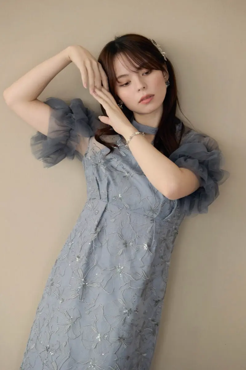 ブルーグレーのスパンコール刺繍レースドレス | ANDRESD | L | 結婚式