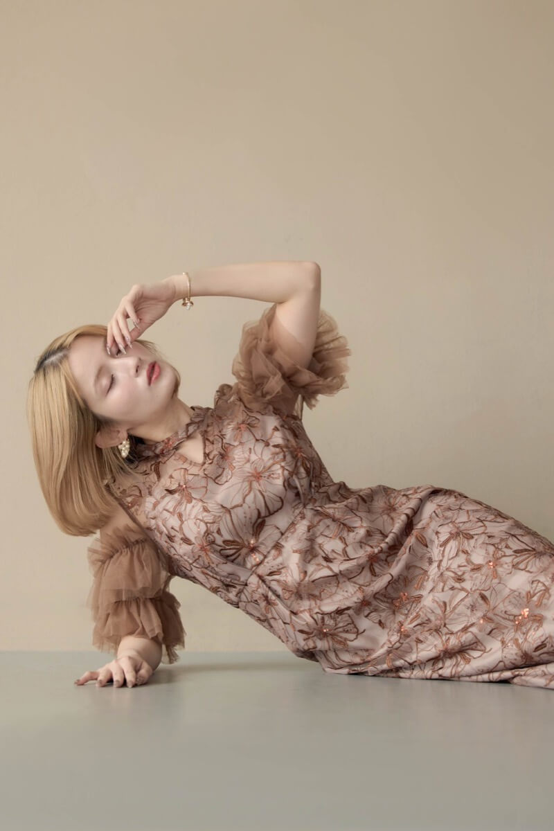 ブラウンのスパンコール刺繍レースドレスの商品画像13