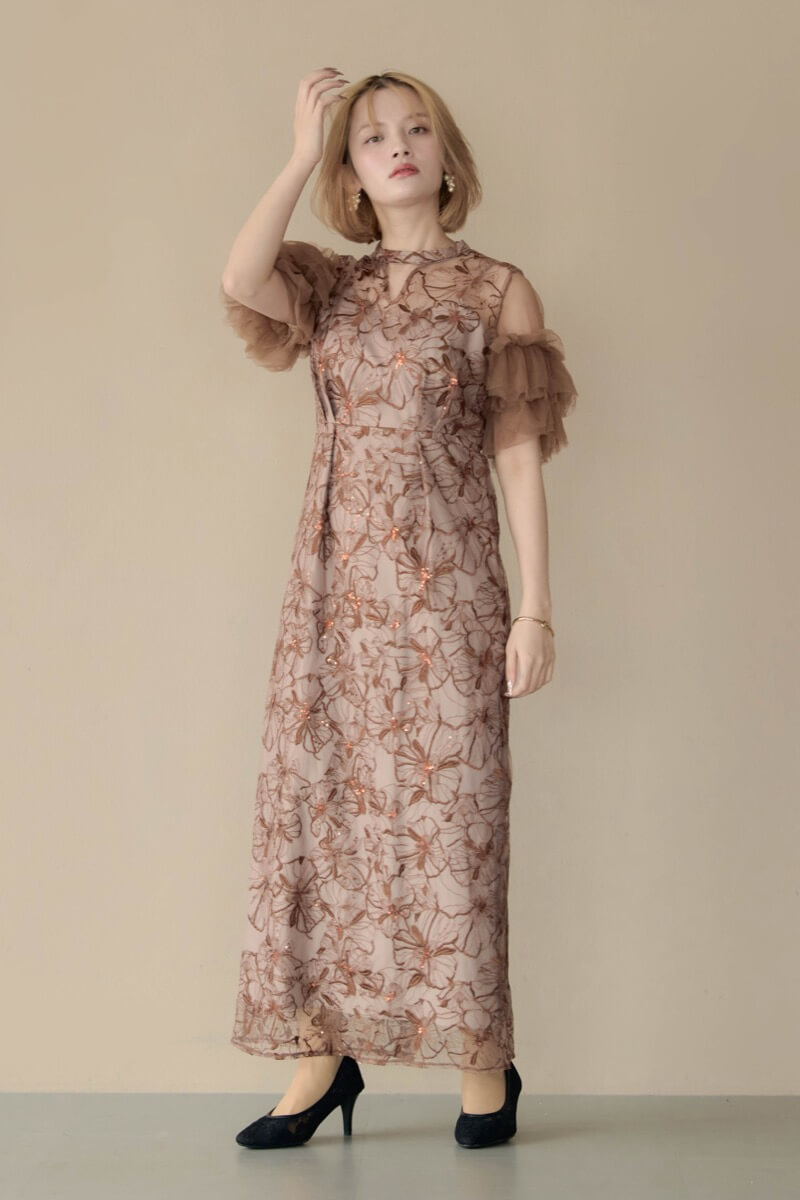 ブラウンのスパンコール刺繍レースドレスの商品画像14