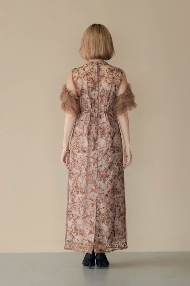 ブラウンのスパンコール刺繍レースドレスの商品画像4