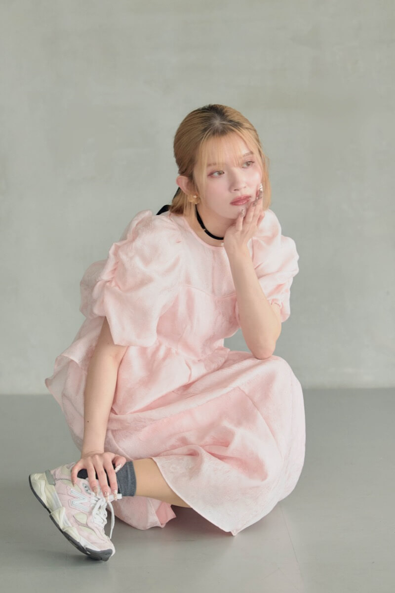 ANDRESD バブルスリーブジャカードロングドレス（ピンク） ピンクの