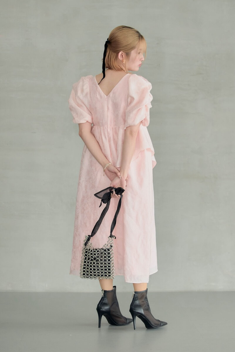 ANDRESD バブルスリーブジャガードドレス オケージョンドレス　ピンク ANDRESD バブルスリーブジャガードドレス オケージョンドレス ピンク