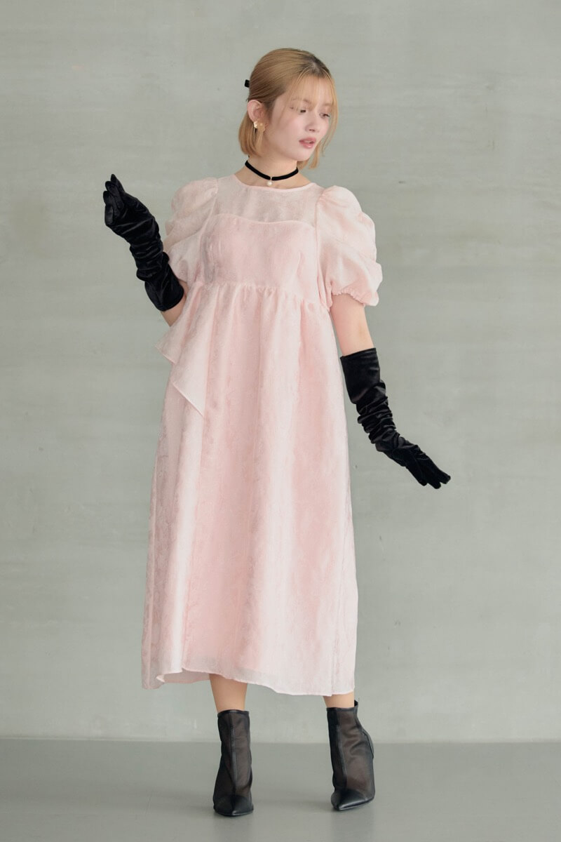 【ANDRESD】バブルスリーブジャガードドレス　ピンク　M tall バブルスリーブジャガードドレス / bubble sleeve jacquard dress