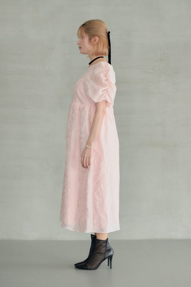 【美品】ANDRSED バブルスリーブジャガードドレス ピンク　S ピンクのバブルスリーブジャガードドレス | ANDRESD | L～マタニティ