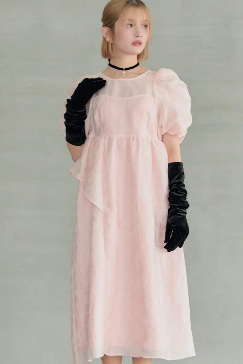 ピンクのバブルスリーブジャガードドレス | ANDRESD | L～マタニティ