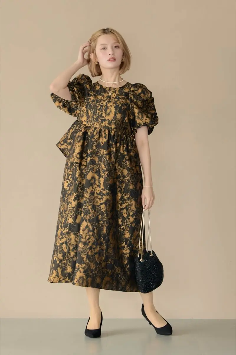 【最終値下げ】ANDREDS バブルスリーブジャガードドレス セール】バブルスリーブジャガードドレス / bubble sleeve jacquard