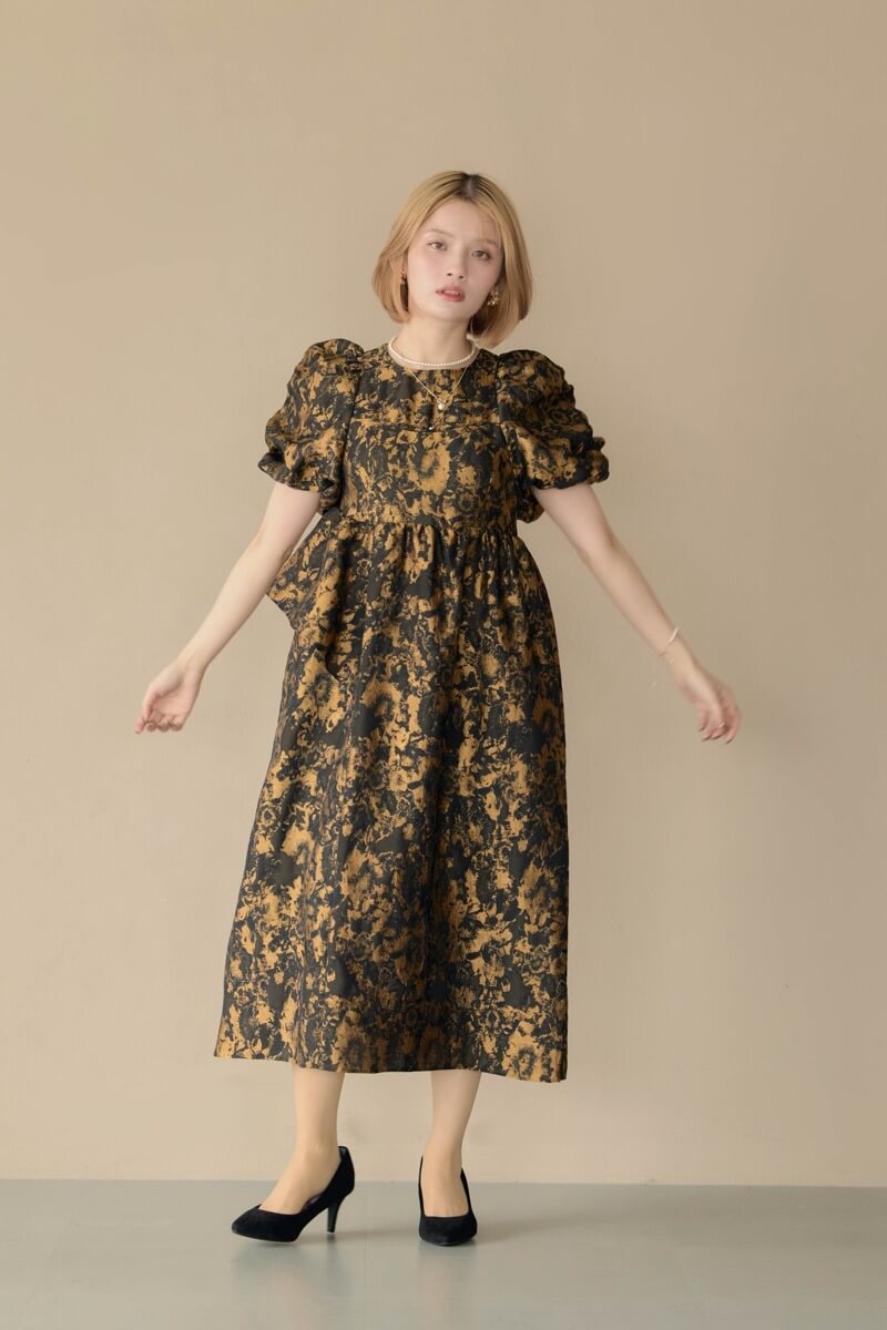 ブロンズのバブルスリーブジャガードドレスの商品画像13