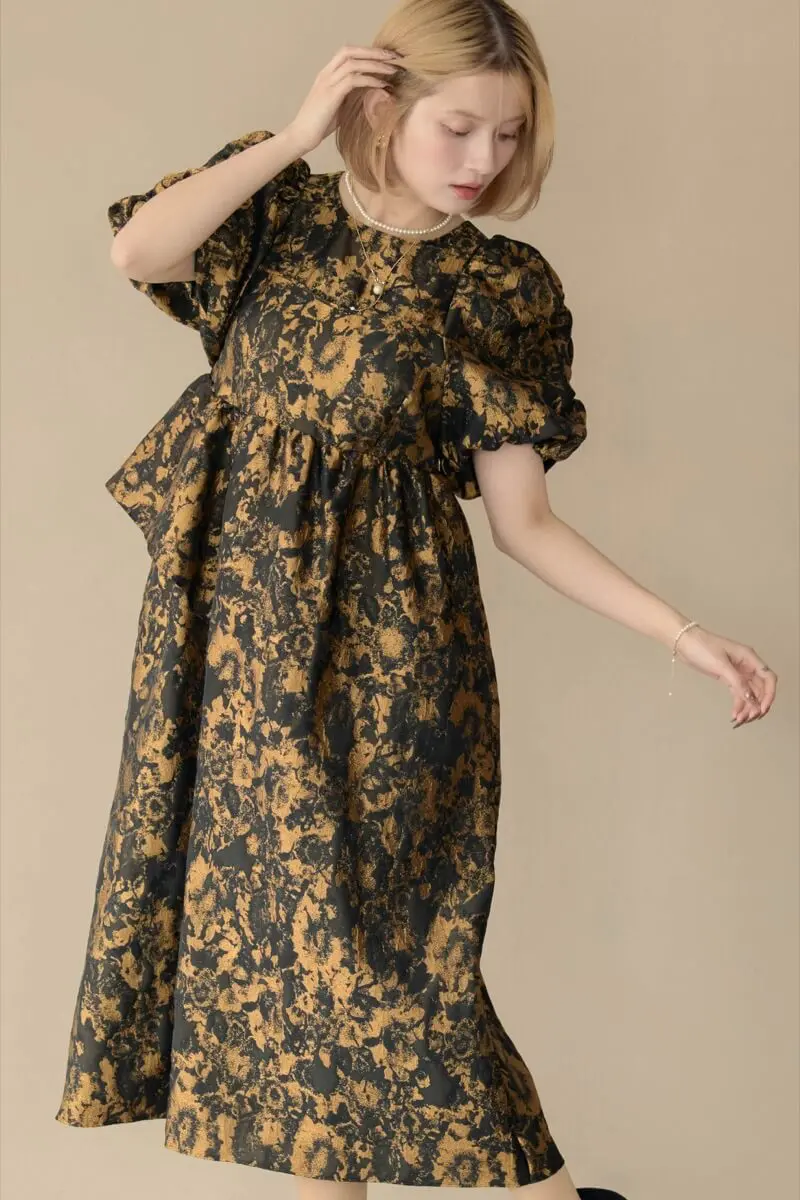 ブロンズのバブルスリーブジャガードドレス | ANDRESD | L～マタニティ