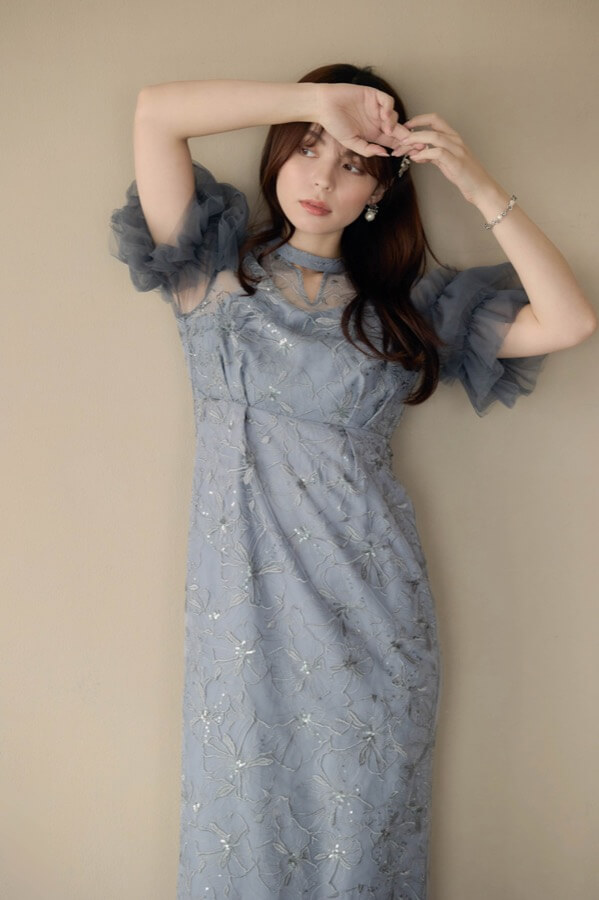 ブルーグレーのスパンコール刺繍レースドレス | ANDRESD | S | A-3045