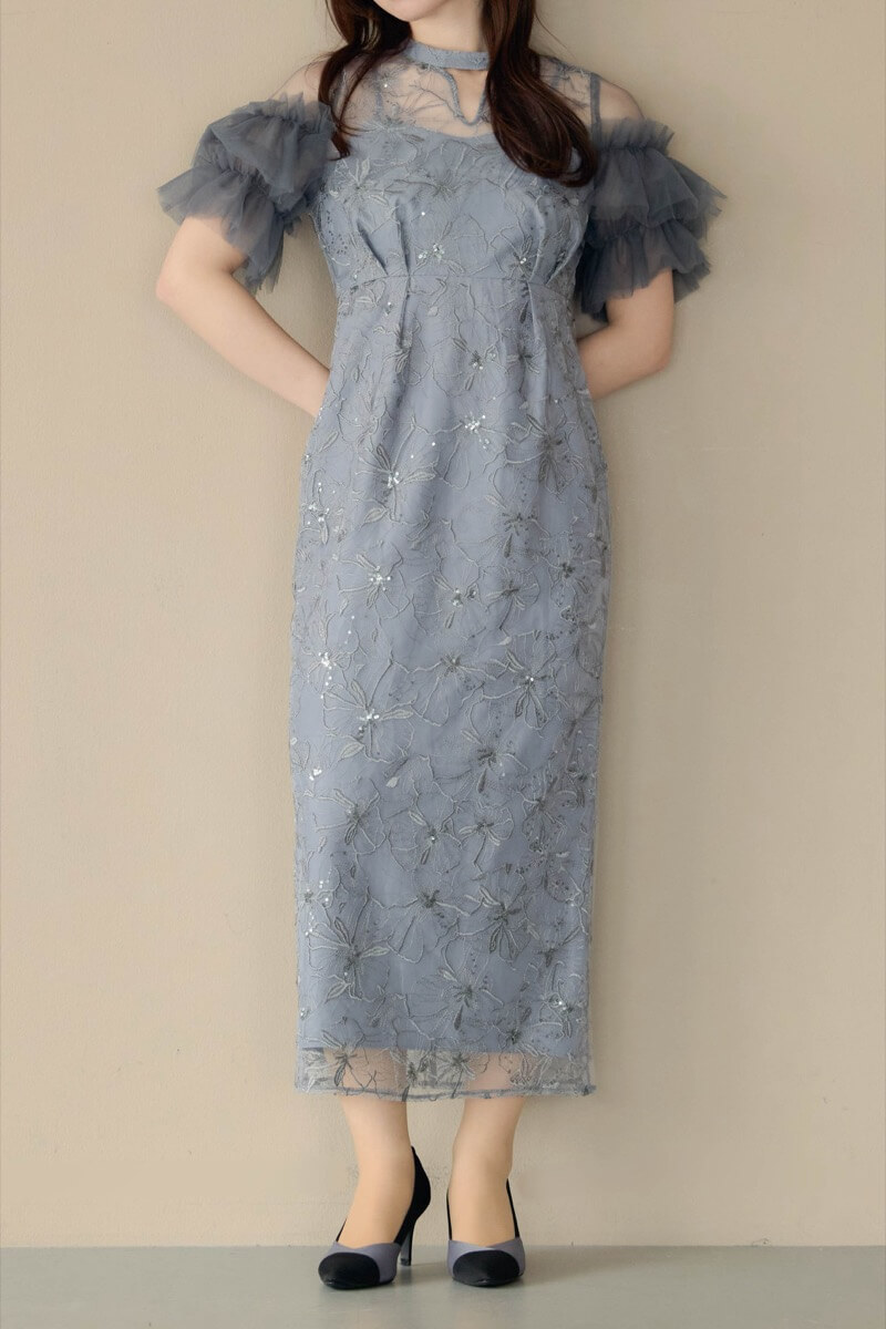ブルーグレーのスパンコール刺繍レースドレスの商品画像11