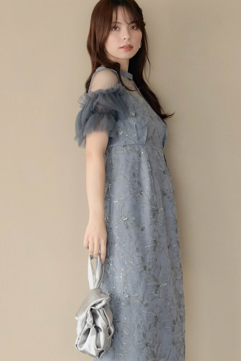 ブルーグレーのスパンコール刺繍レースドレスの商品画像13
