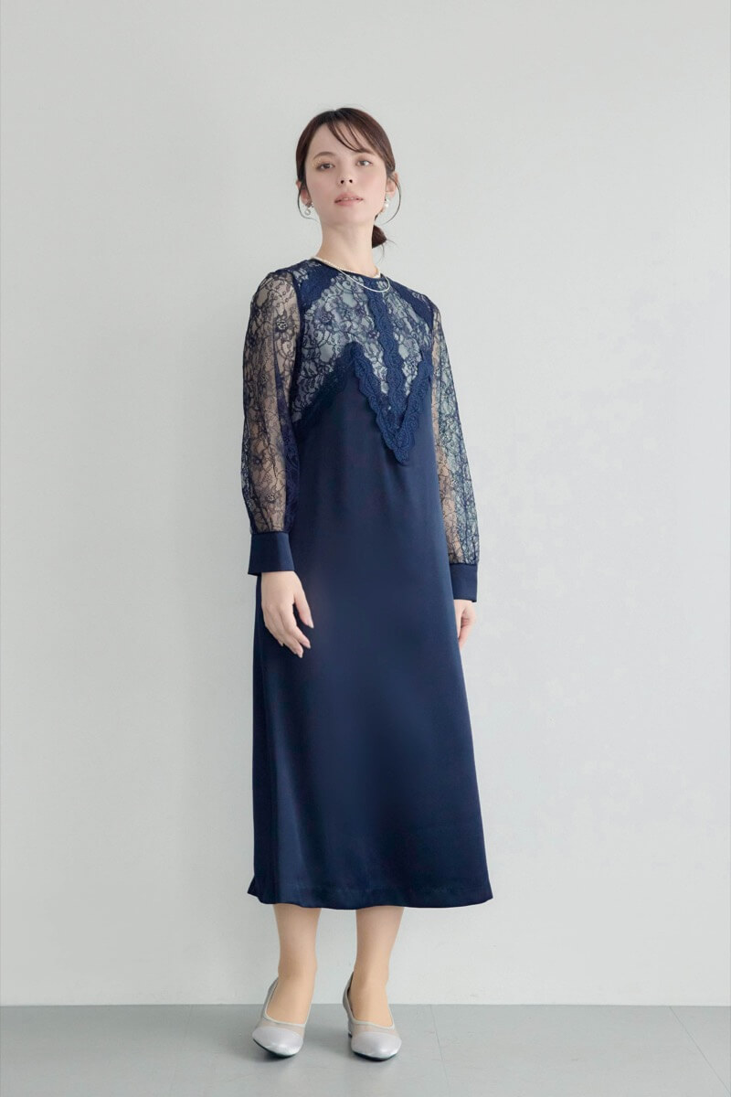 ネイビーのフロントデザインレースドレスの商品画像11