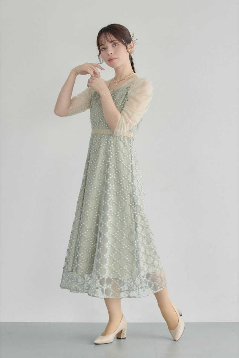 グリーンのダイヤフラワーレースドレスの商品画像15