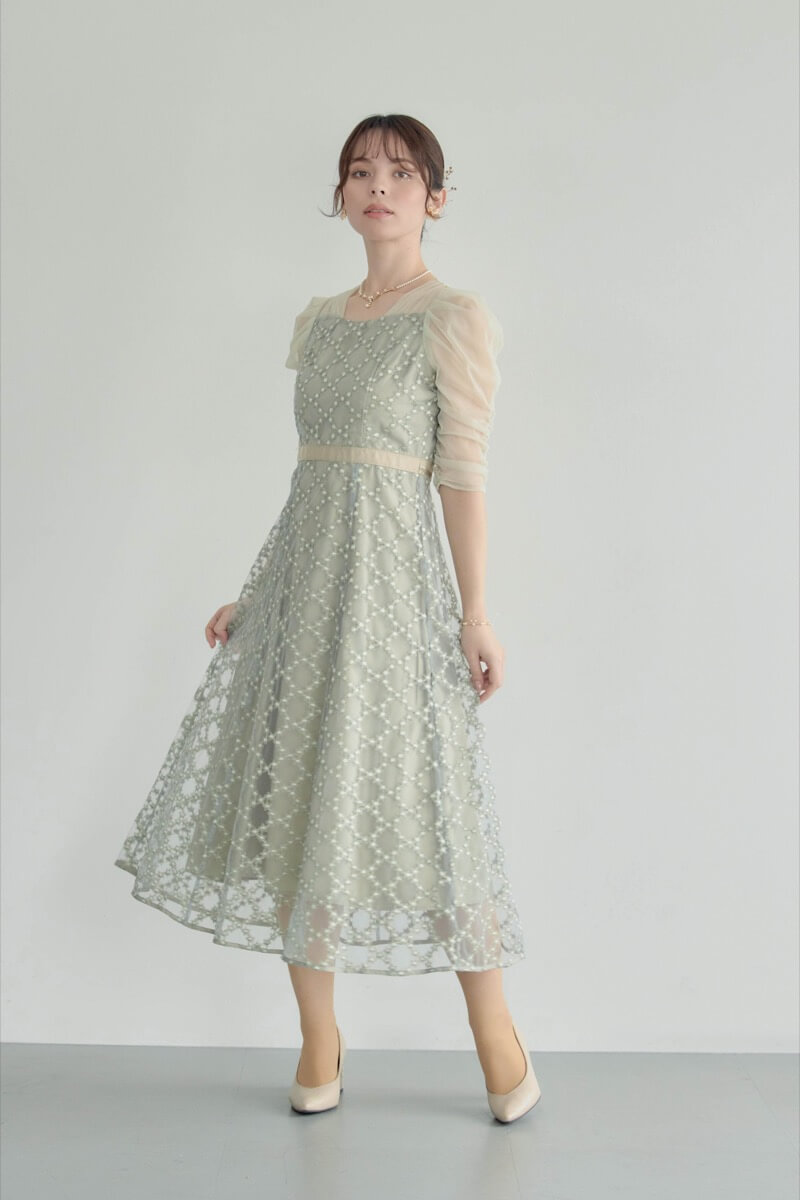 グリーンのダイヤフラワーレースドレスの商品画像2