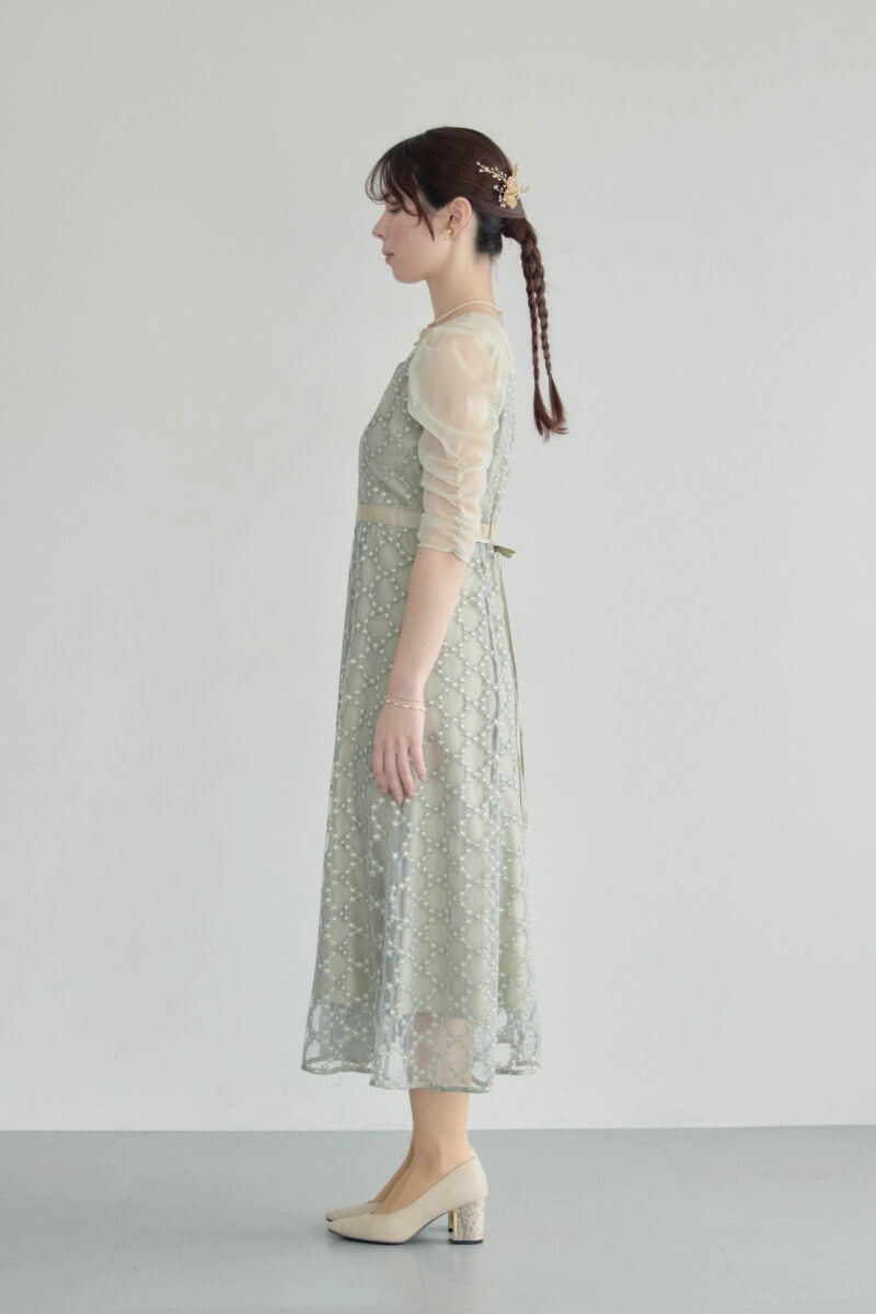 グリーンのダイヤフラワーレースドレスの商品画像3