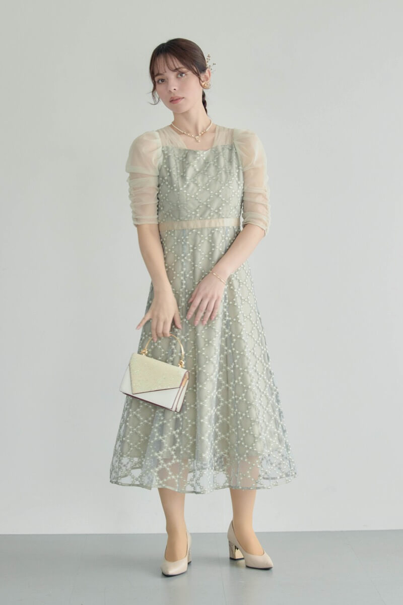 グリーンのダイヤフラワーレースドレスの商品画像8