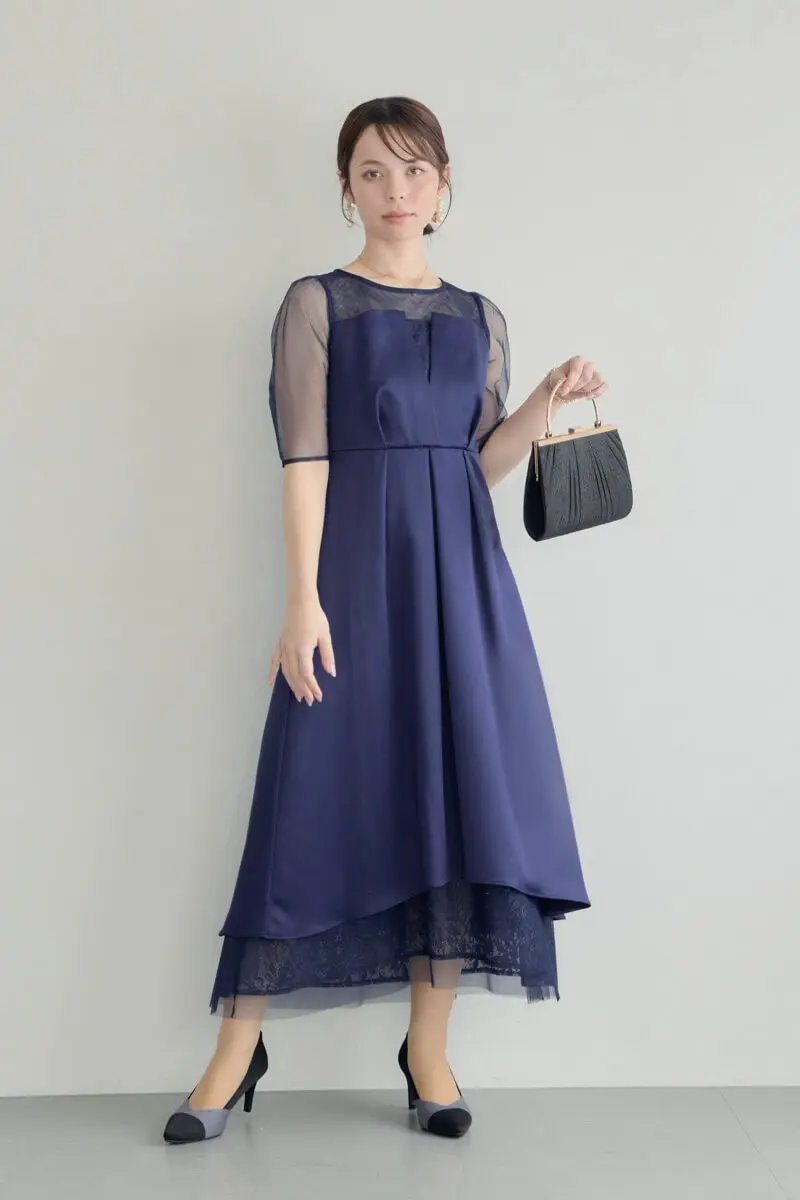 ネイビーのシアーチュールビスチェドレス
