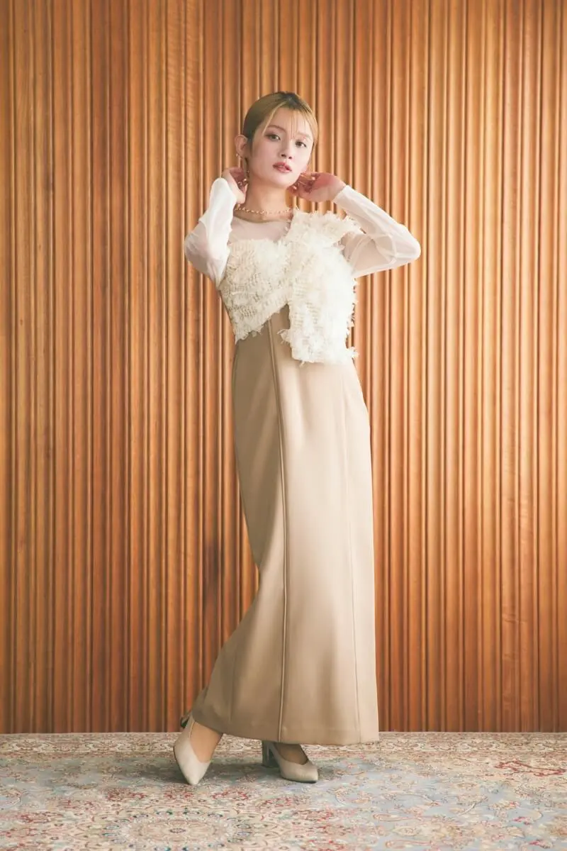 ベージュのフリンジグリッターノットドレス | ANDRESD | M | 結婚式