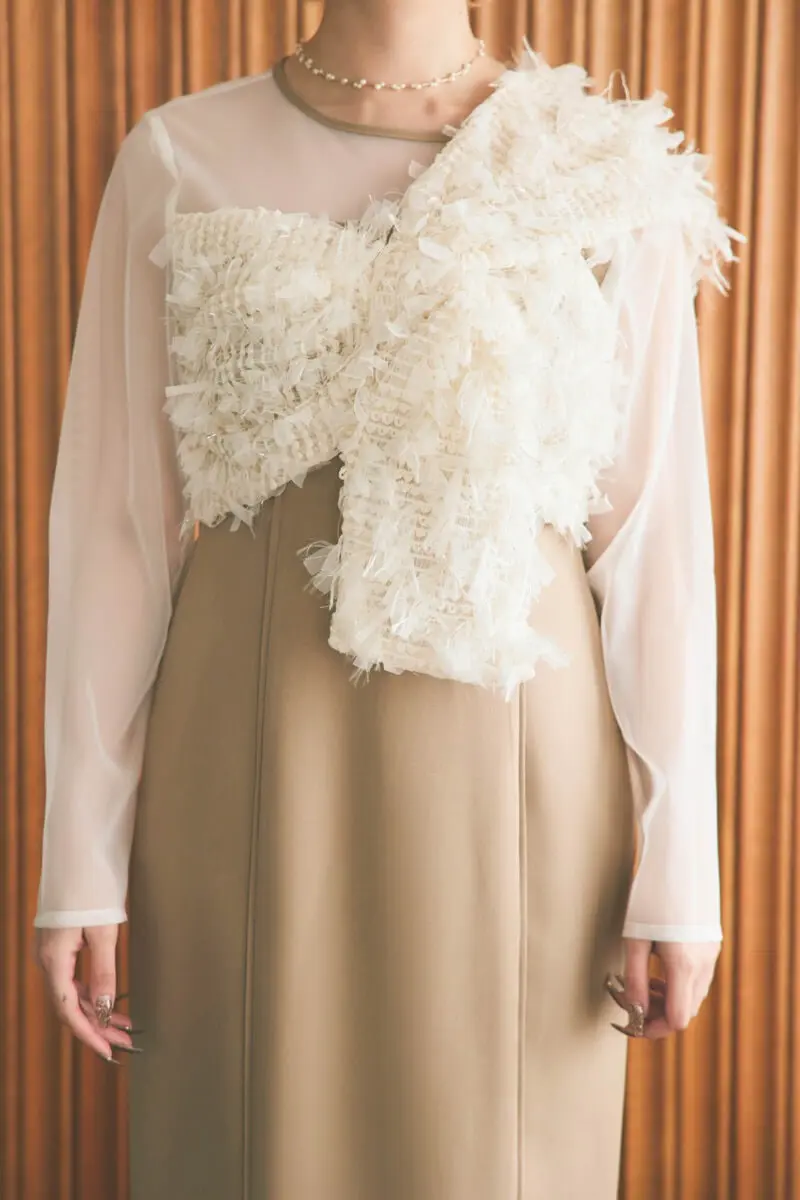 ベージュのフリンジグリッターノットドレス | ANDRESD | M | 結婚式